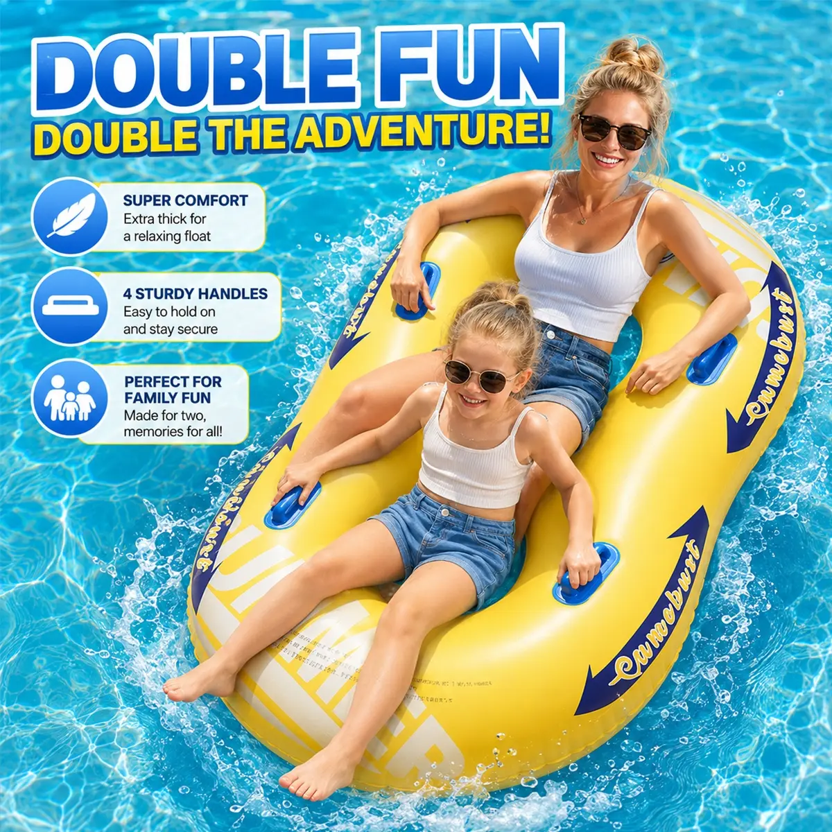 Double Ring Inflatable Pool Float, Pool Floaties, 8 Shape Yellow Blue Style, Thick PVC Swim Ring with Easy Grip Handles, 2-Seater Water Lounge for Adults Couples, Sea Pool Beach Lake Poolside, Summer Vacation and Outdoor Relaxation
