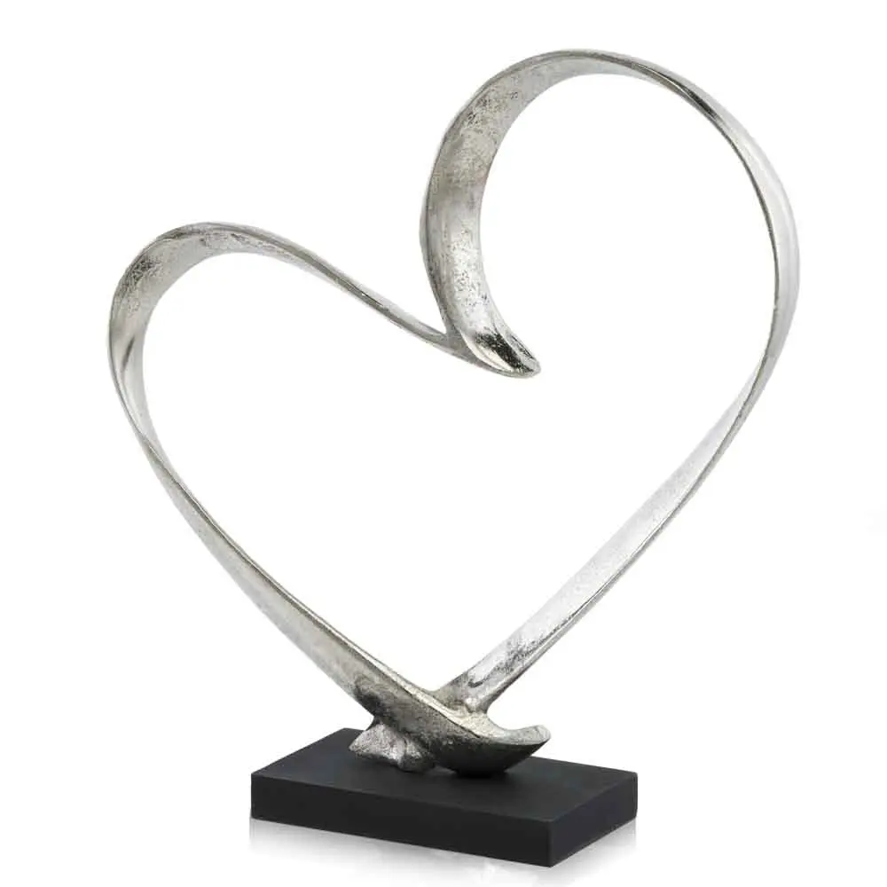 HomeRoots 354624 Raw Silver & Black Corazon Heart Sculpture on Base, 4x14x15.5 in, Home Decor, Room Decor Statue for Home Supplies