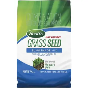 Scotts Turf Builder Grass Seed Sun & Shade Mix with Fertilizer and Soil Improver, Thrives in Many Conditions, 2.4 lbs.