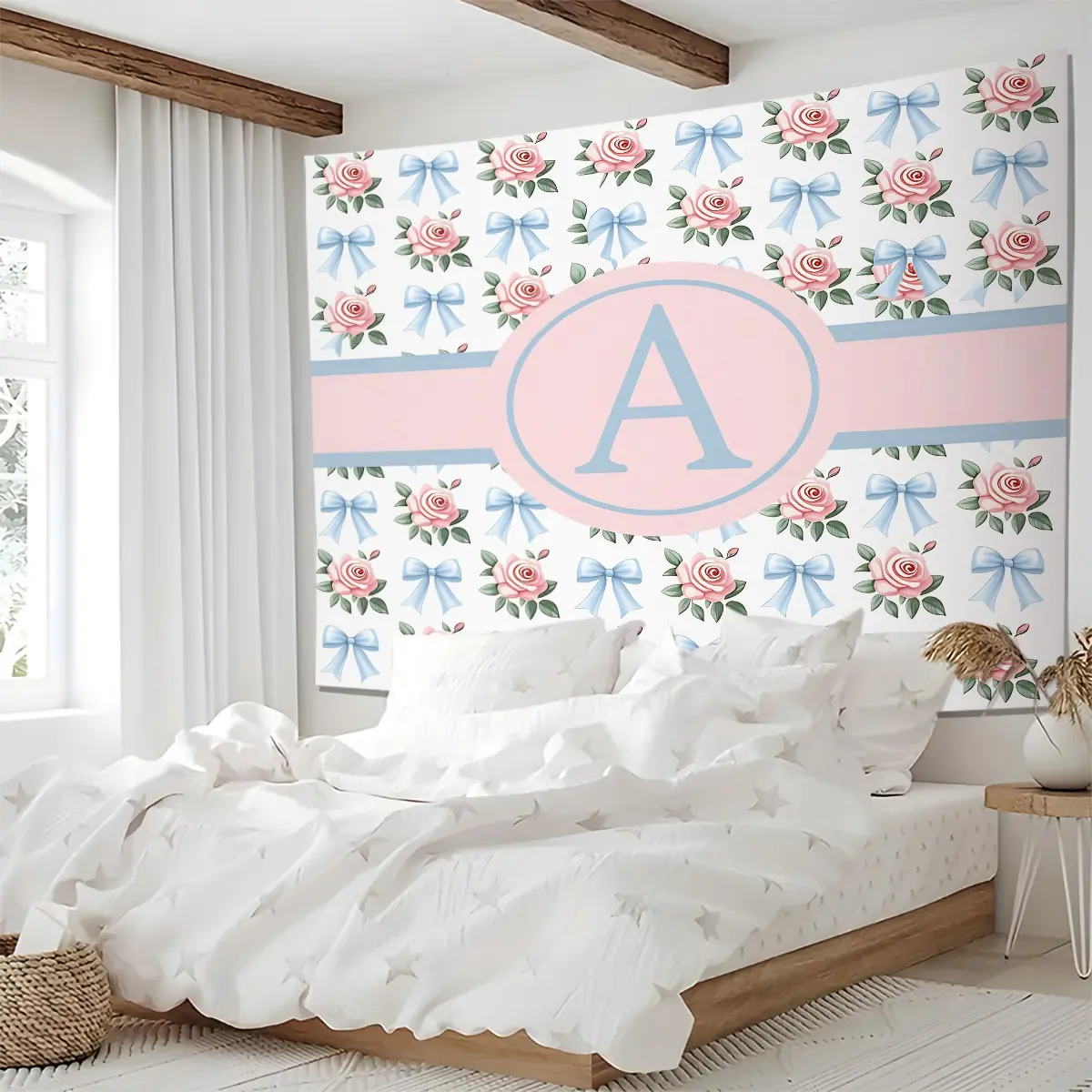 Coquette Monogram A-Z Tapestry, Pink Rose & Blue Bow Print Wall Hanging, Cute Girly Aesthetic Tapestries, Soft Lightweight Decorative Backdrop Decor for Girls Bedroom Living Room Dorm