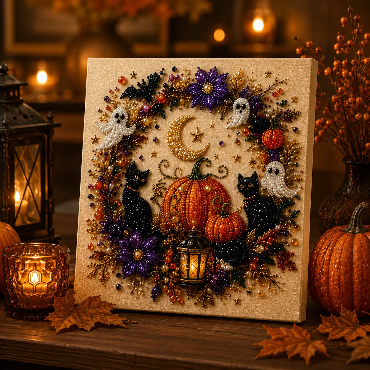Halloween 5D Diamond Painting Kit, 10 x 10 Inch DIY Pearl Bead Art Canvas with Tools, Beginner-Friendly Craft Kit for Adults and Teens, Pumpkin Ghost Witch Cat Seasonal Wall Decor and Halloween Gift
