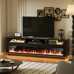【2 Packages Shipping】AHB 70" Fireplace TV Stand for TVs Up to 80" with 64" Electric Fireplace, LED Light Entertainment Center, Storage Cabinet, Media Console Table