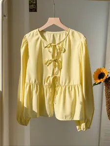 Elegant Vacation and Commuting Long Sleeve Striped Bow Tie Women's Shirt, Loose Fit for Fall & Winter, Woven Moderate Thickness Blouse