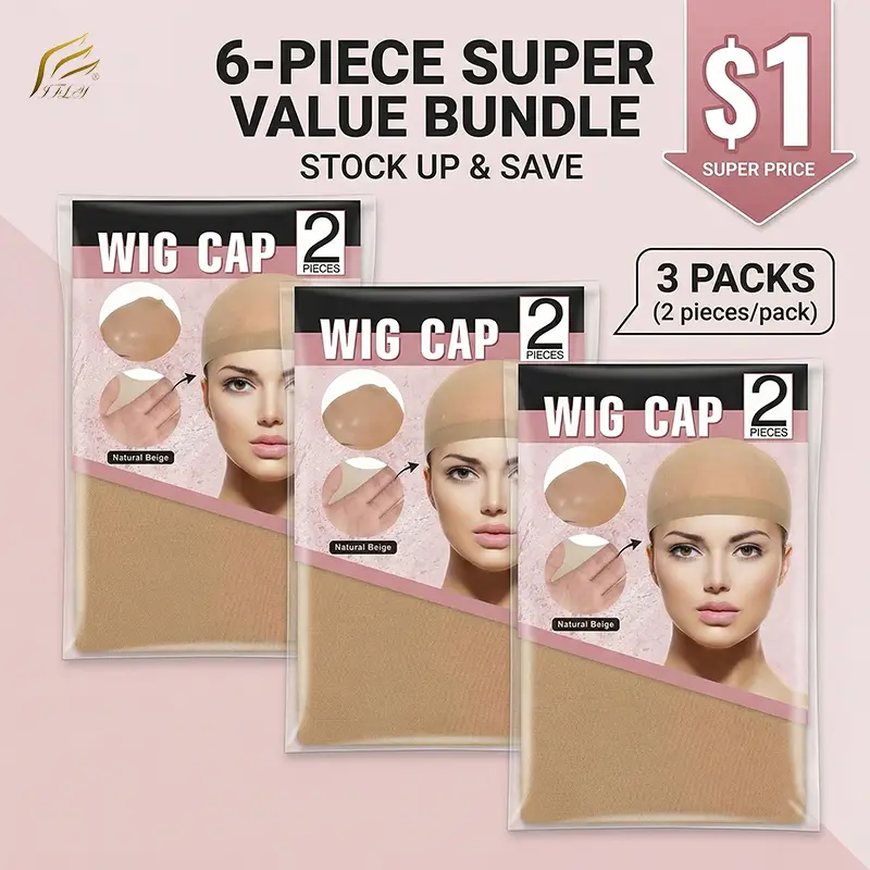 6PCS Light Brown  Cap 3 Packs Stretchy Nylon Breathable Elastic Hair Net Natural Fit Invisible  Caps for Women Daily Use Only 1 Dollar Wig
