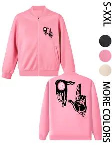 Women's American Street Style Hoodless Bomber Jacket with "OK" Print, Lightweight Zip-Up Jacket, American Street Style Print Design, Suitable for All Seasons, Casual & Street Style