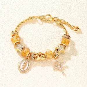 Gold Tone Virgin Mary Cross Bracelet – Glitter Religious Inspired Jewelry for Women