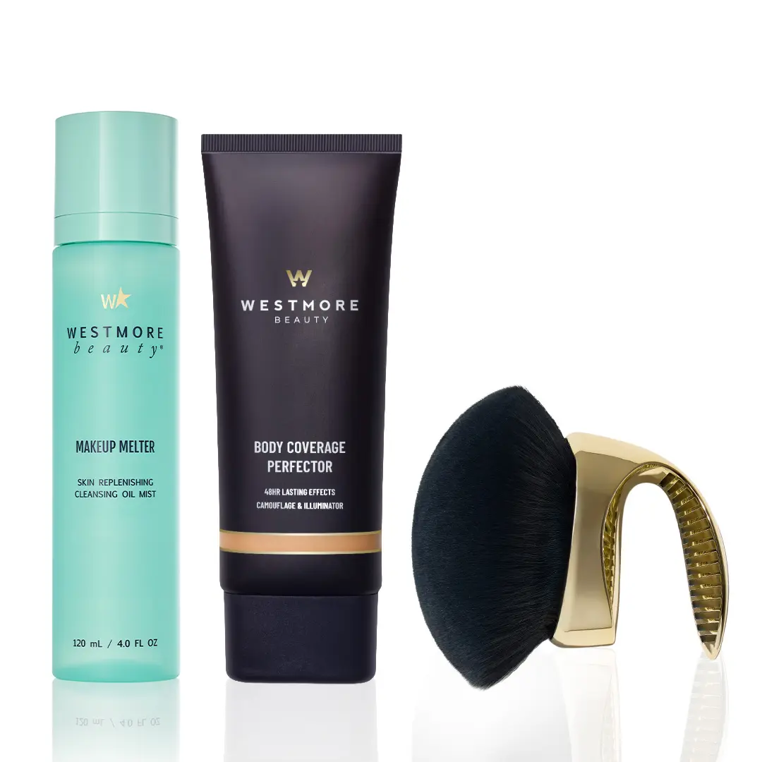 Westmore Beauty Body Essentials Trio | Body Coverage Perfector 3.5oz + X-Large Buffer Brush + FREE Travel Size Makeup Melter Hydrating Cleansing Oil Mist