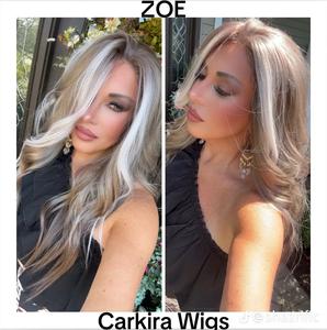 Carkira Zoe Colorful 13x4 Lace Front Wig Glueless Blonde Highlight Brown Grey Hair Long Ombre Wavy Synthetic Wig Daily Use for Women Girls