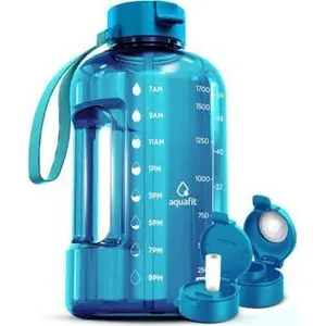 64 oz Water Bottle with Time Marker - Straw & Chug Lid, BPA Free - Half Gallon with Handle for Gym (Aqua)