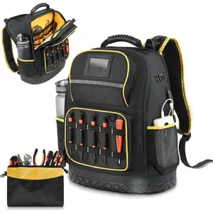 Tool Backpack with Laptop Compartment, Hard Bottom & Tool Electrician Tool Bag Organizer with Multiple Pockets, USB Port, Bottle Holders, HVAC Work Backpack for Men