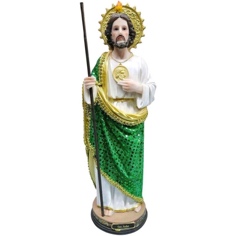 San Judas 8"-24" Inches Tall Vestido Tela- Estatua Detailed Figure with Green Sparkling Robe and Gold Accents brand new in box Religious Decor Standing Statue