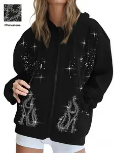 Women's Rhinestone Zipper Hoodie Long Sleeve Sweatshirt, Casual Fall Winter Sportswear, Fashion Streetwear with Diamond Decoration