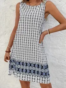 Women's All Over Print Dress, Boho Sleeveless Round Neck Dress for Beach Holiday Vacation, Ladies Clothes for All Seasons, Casual Dresses
