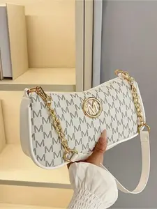 Retro Women's Crossbody Bag with Letter Print Small Grid M Logo Adjustable Strap Zipper Closure Multi-use Handbag for Work Casual Christmas Gift Cream Color Fashion Women's Bag