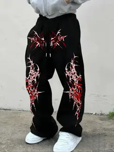 Men's Casual Sporty Long Pants, Thorn Totem Pattern Print, Drawstring Wide Leg, All Season Loose Fit, Men's Fashion Clothing, Fitness Sports Pants, Athleisure Style Pants