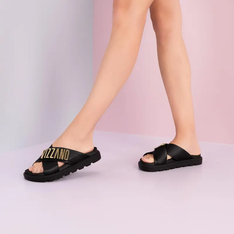Vizzano Sandalias Footwear - Black Open-Toe Sandals with Gold Lettering, Comfortable Design for Everyday Wear - Shoe Summer Women Elegant Parent Girl Pedal