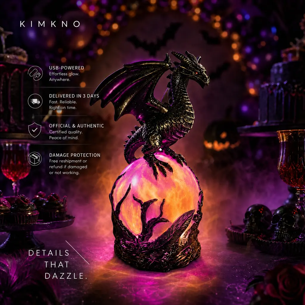 Gothic Dragon LED Crystal Ball Lamp, USB Powered Hand Painted Resin Dragon Night Light with Pink Glow, Dark Aesthetic Unique Fantasy Gift for Dragon Lovers Goth Fans Collectors, Cool Halloween Christmas Birthday Gift for Teens Adults Friends