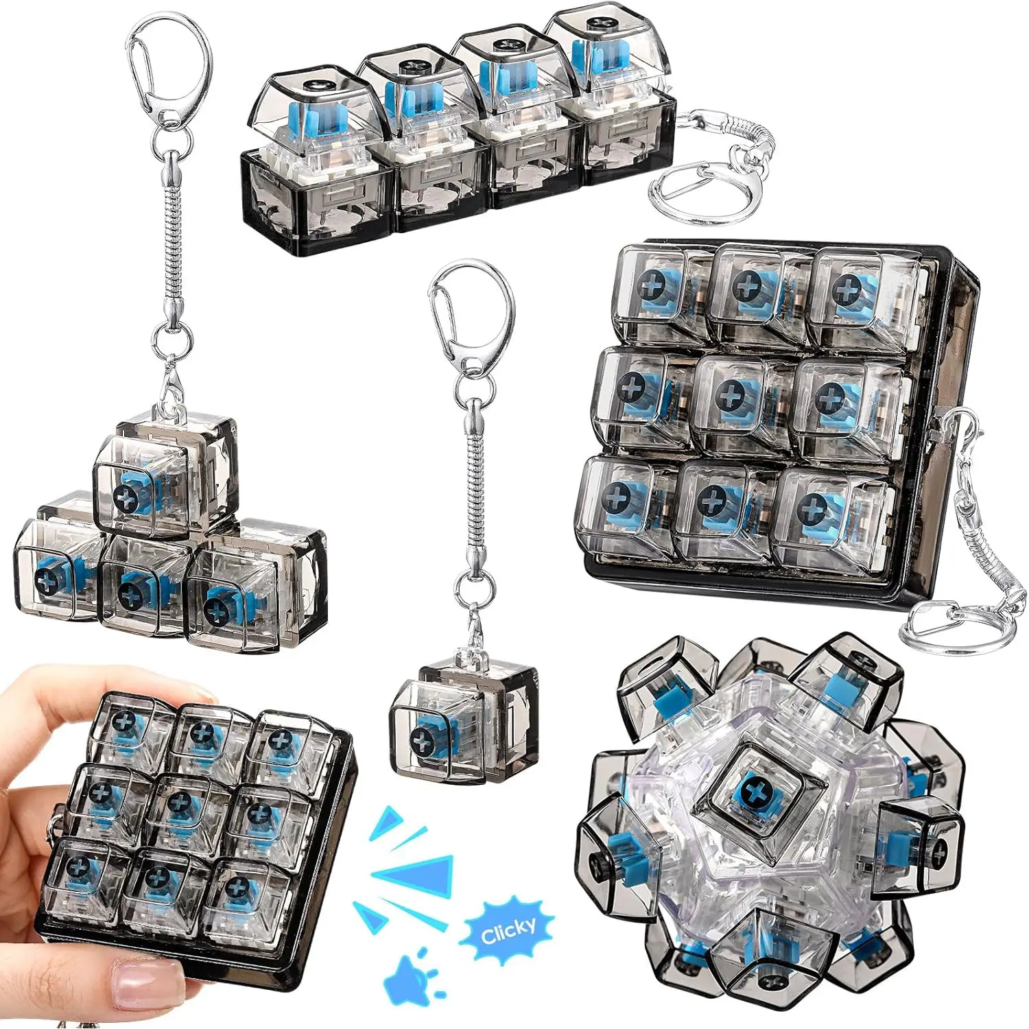 5pcs Keyboard Adult Clicker in 5 Styles Keyboard Keychain Mechanical Key Button Clicker Stress Relief Gift for Office Home Pass Time(Black Transparent)