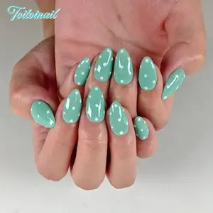 Mint Dot Handmade Press-On Nails, Short Almond Shape, 10pcs, Spring Summer Trending Mint Green & White Polka Dots, Clean Girl Aesthetic, High Gloss Mirror Finish, Reusable DIY Manicure Kit, Trendy Cute, Glossy False Nails