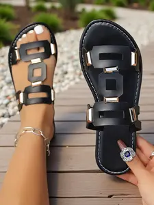 Women's Cut-Out Strap Slide Sandals, Casual Fashion Sandals, Gold Metal Accent Flat Slides, Open-Toe Slip-On Sandals, Casual Everyday Footbed Slides, Faux Leather Summer Sandals, Decorative Metal Trim Slides, Outdoor Beach Slides