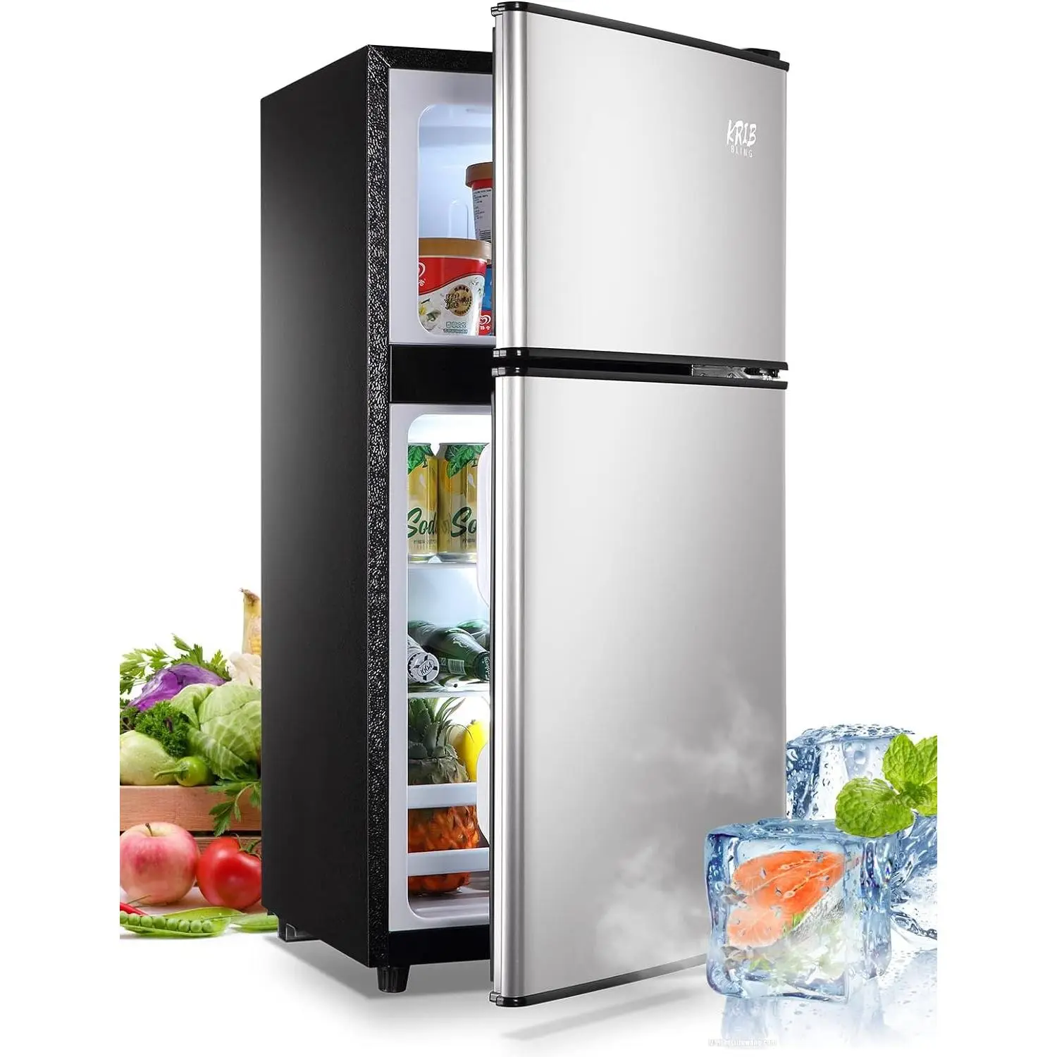 KRIB BLING 3.5 Cu.ft Compressor 2-Door Compact Refrigerator with Freezer, Retro Vintage Fashionable Mini Fridge, Silver Home Dorm Cooler