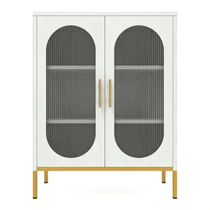 White Fluted Glass Display Cabinet, Double Arched White Metal Storage Cabinet with 2 Glass Doors and Adjustable Shelves, Modern Curio Sideboard for Living Room Dining Room Entryway Accent Storage