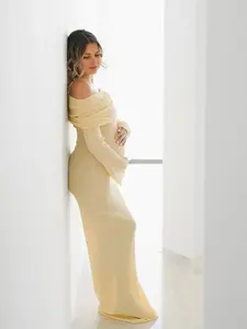 Yellow Knit Off Shoulder Flare Sleeve Mermaid Bodycon Elegant Vacation Photoshoot Baby Shower Maternity Maxi Dress Maternity Dresses Maternity Clothing