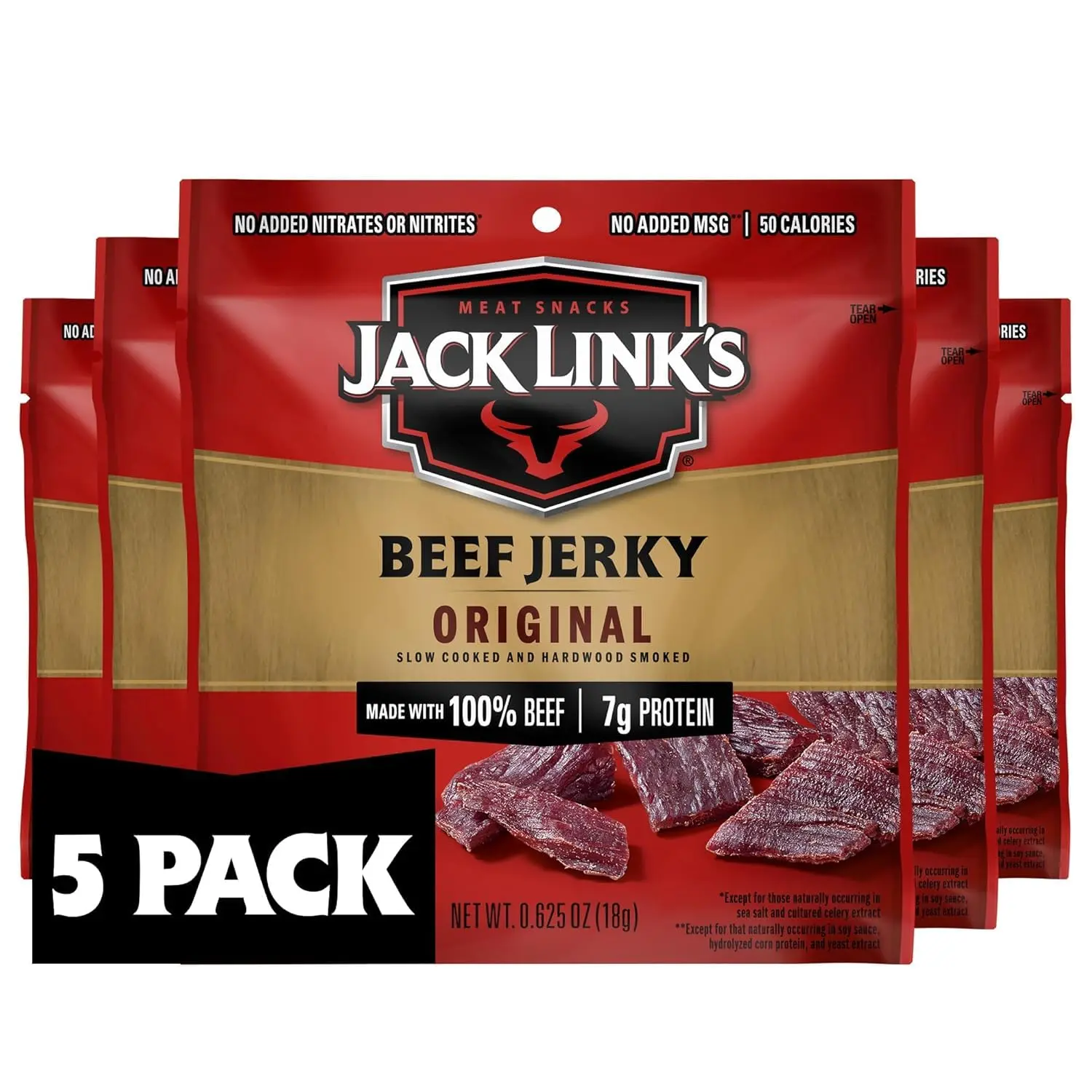 Jack Link's Original Beef Jerky Multipack - (5 Pack) 0.625 oz Bags - Ready to Eat Real Meat Protein Snacks - 7g Protein per Serving - Made with 100% Real Beef
