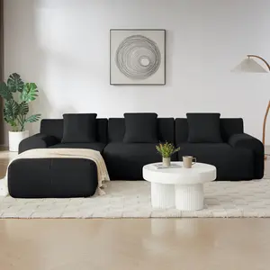 113" Modular Sectional Couch with L-Shape Chaise, Modern Cloud Couch Sofa with Movable Ottoman, Deep Seat Corduroy Boneless Sofa for Living Room Bedroom, No Assembly Required, Black