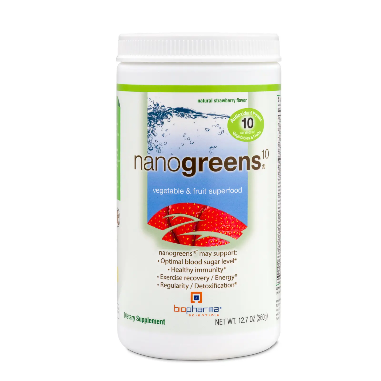 NanoGreens Organic Greens Powder - Stawberry | 55 Fruits & Vegetables & Freeze-Dried Superfood Blend with Organic Barley Grass, Spirulina, Chlorella, Oat Beta Glucan & Probiotics, Antioxidants | 30 Servings, 12g Scoop, Made in USA