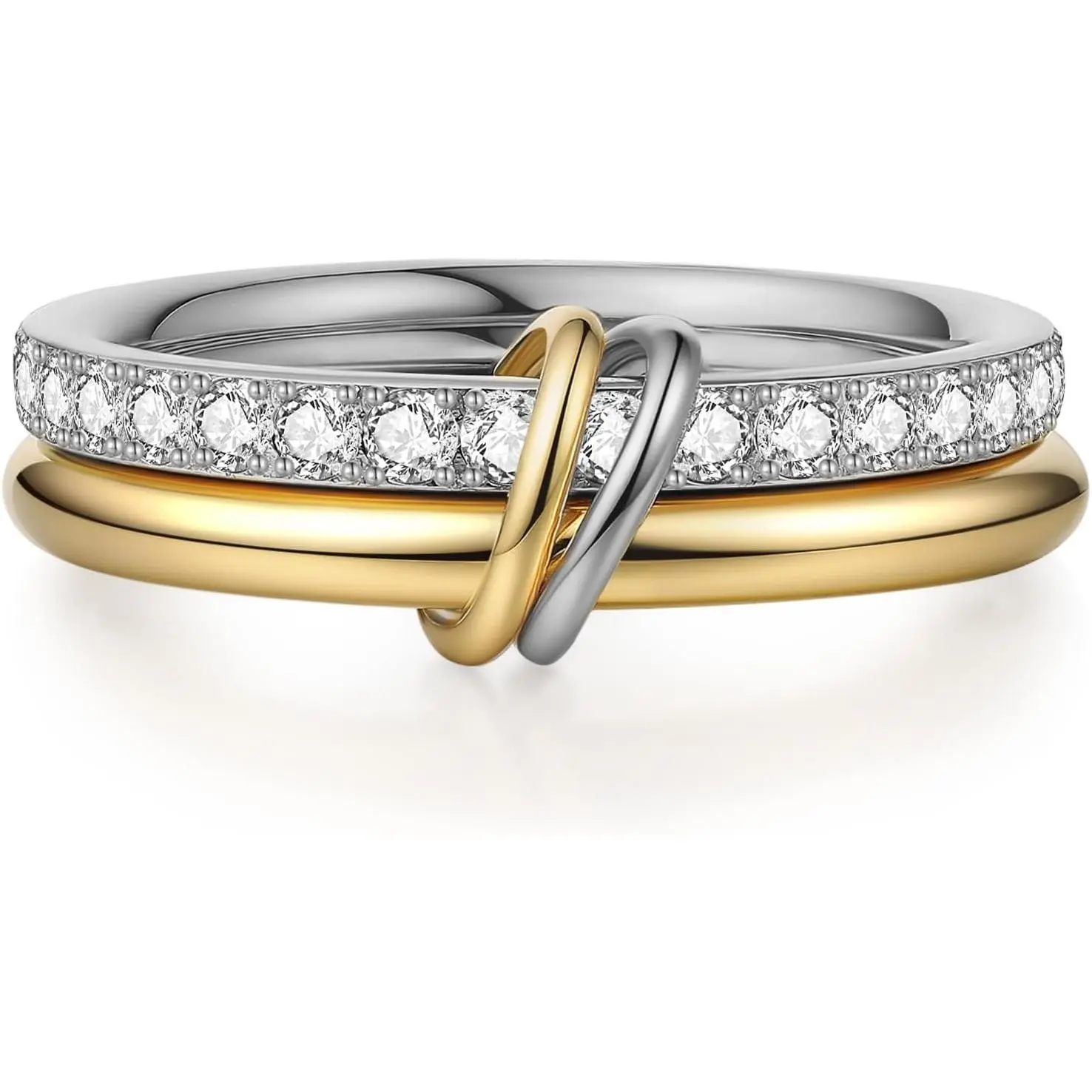 18K Gold-Plated Interlocked Multi-Size Dainty Connected Band Thumb Rings, Gold-Silver Mixed Stackable Statement Jewelry with Cubic Zirconia, Anniversary Gift for Mom