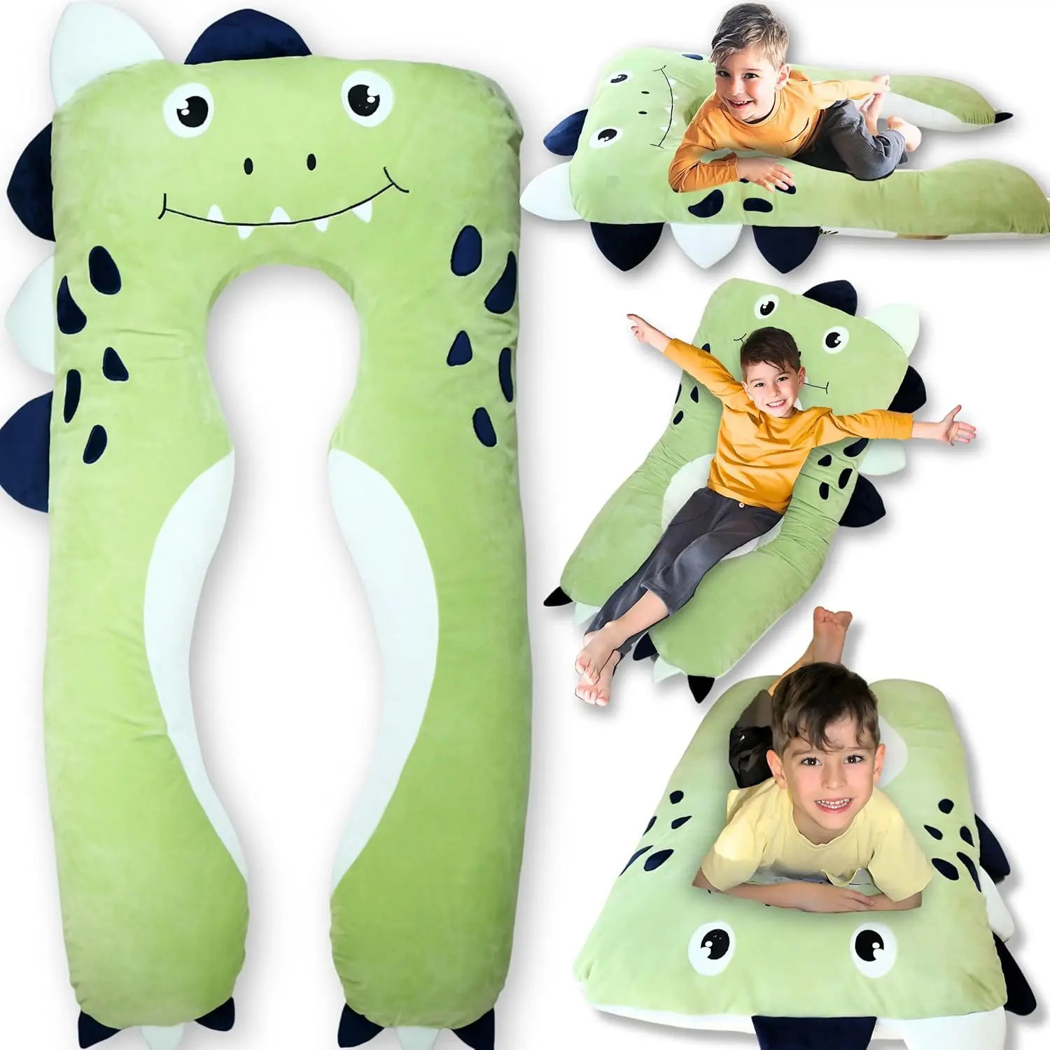 Dino Kids Body Pillow - 47" U-Shape Long Plush Soft Animal Pillow  Kids, Sleeping, Reading, ADHD & Special Needs Comt, Anxiety, Washable Cover, Snuggle Fun Cuddle Gift  Boys & Girls