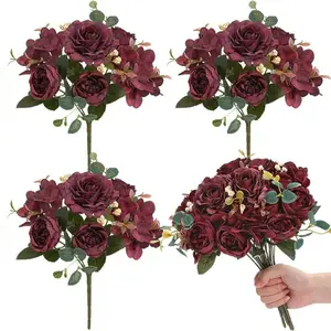 2 Packs Artificial Peony Flowers Faux Hydrangea Bouquet Vintage Wedding Home Table for Door Decor Reusable Bouquet of Rose Flowers for Valentine Wedding Birthday Party Artificial Roses Bouquet(Burgundy)