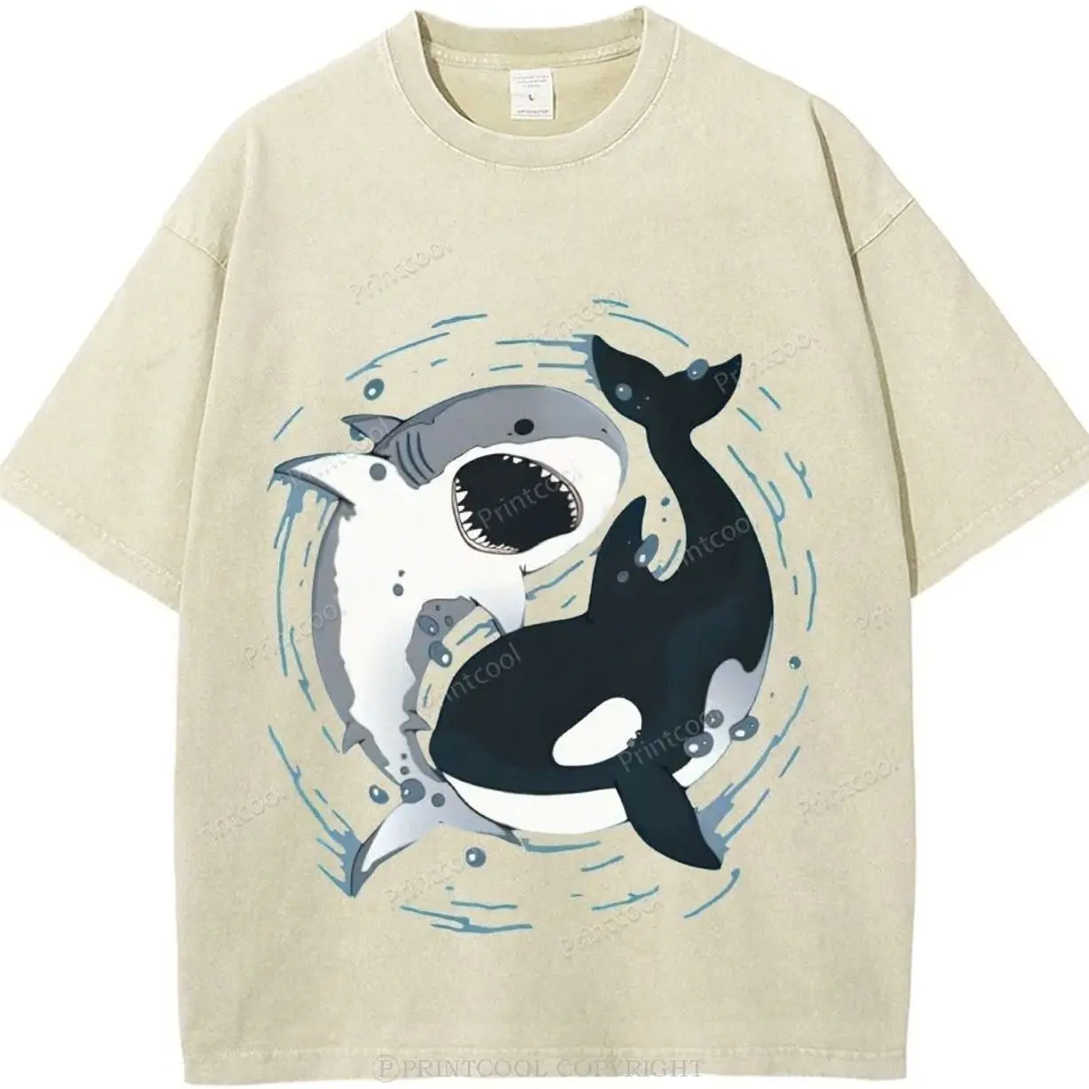 Orcas And Great White Sharks Unisex Vintage Tee, Fashion Cotton, Full Size, Full Color, Unisex Streatwear