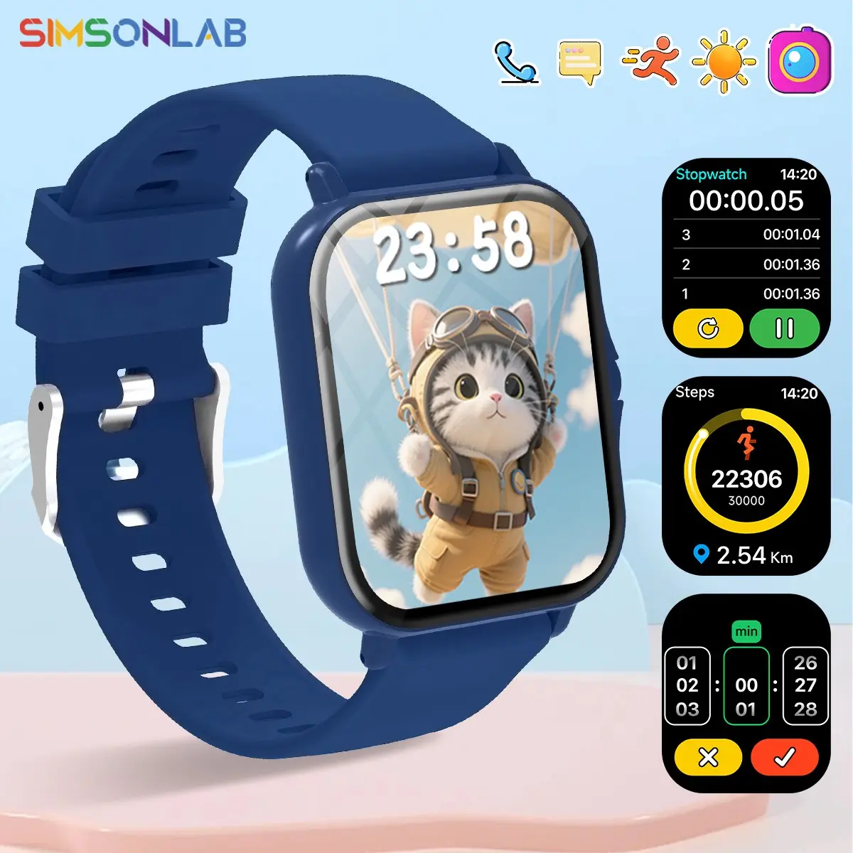 SIMSONLAB Low-Power Smart Watch - 1.83-Inch HD Display, Wireless Call, Message Alerts, Voice Assistant, 100+ Sports Modes, DIY Watch Faces, Kids' New Year Gift