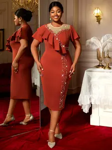 Elegant Round Neck Beaded Ruffle Hem Dress, High Waist Bodycon Party Gown, New European Style Slim Fit Evening Wear