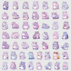 Hippo Pattern Sticker, 50pcs/set Waterproof Self Adhesive Decor Paper, Decor Sticker for Gift Greeting Card Water Bottle Laptop Phone