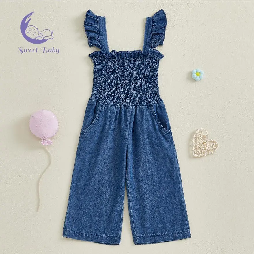 Toddler Girls' Solid Summer Denim Overalls - Infant Toddler Clothes, Sleeveless Smocked Bust Full-Length Onesies Jumpsuit, Sleeveless Onesies