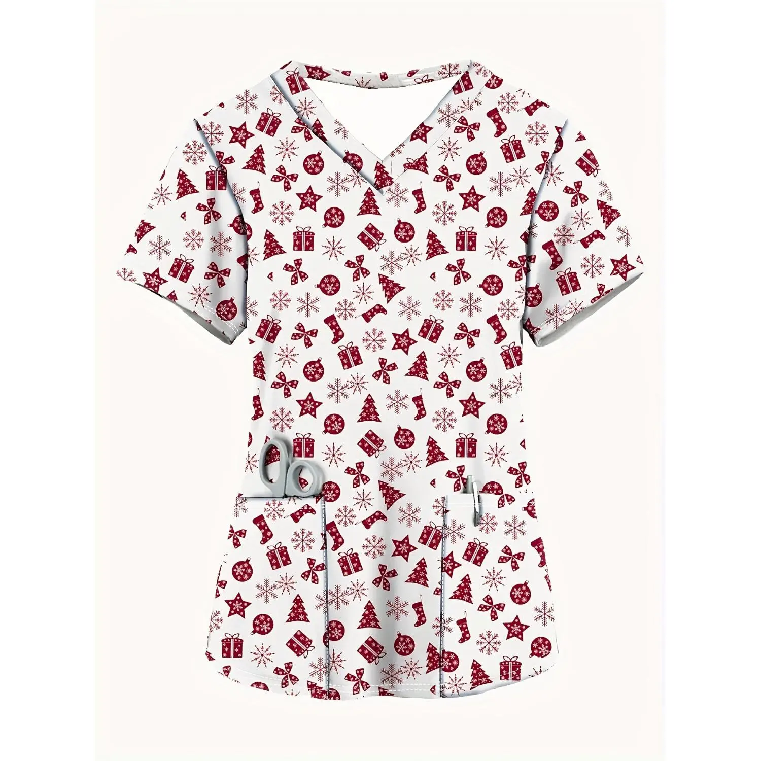 Women's Fashion V-Neck Short Sleeve Top, Comfortable Christmas Gift Nurse Uniform with Pockets