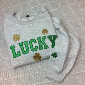 Lucky Glitter Embroidered St. Patrick's Day Sweatshirt, Cute Clover Hoodie, Lucky Charm Shirt, St Paddy’s Day Gift T-Shirt