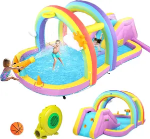 JOYMOR Inflatable Water Slide w/Climbing Wall, Water Cannon, Basketball Hoop, Kids Water Slide Bounce House w/Arch Sprinklers, 30s Blow Up Water Slide for Kids Backyard Party (Air Blower Included)