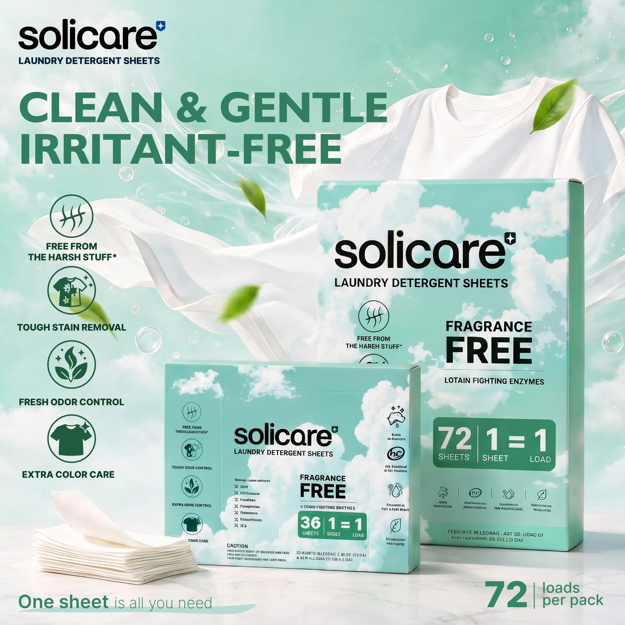 Solicare Laundry Sheets, Linen Fresh / Fragrance-Free Hypoallergenic, Quick Dissolve & No Residue, Family Pack, 72 Sheets Per Box, Ideal for Home & Travel, Compatible with HE and All Washing Machines.(D)
