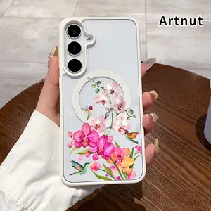 Orchid Hummingbird Symphony Pattern Magnetic Phone Case Compatible with Samsung Galaxy S23 Ultra S24 Plus S25 S22+ FE Anti-Yellowing Shockproof Lightweight Transparent Acrylic Soft Cover Supports Wireless Charging.
