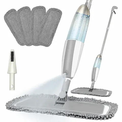 PHANCIR Microfiber Spray Mop for Floor Cleaning with 4 Washable Pads Hardwood Floor Mop Grey Iron 360° Rotating Head 420ml Spray Bottle Non Slip Sweat Proof Lightweight Flat Mop Rinseclean Spin Mop