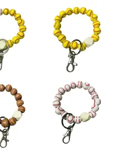 Baseball Rugby Basketball Football Wooden Bead Keychain, Printed Wood Bead Bracelet Keychain, Bag Charm Accessory
