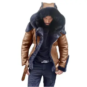 American faux fur leather jacket for winter, fitted long sleeves, casual rock style, medium length, available in green, black, wine red, and brown, sizes S–5XL