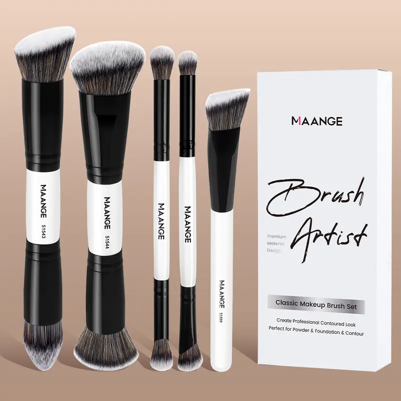 MAANGE 5pcs Double-Sided Vegan Fiber Makeup Brush Set - All-Combination Tool for Foundation, Triangle Contour, Blush, Highlight, Blending, Eyebrow, Eyeshadow, No Repetitive Designs, Portable Black-White 2-in-1 Kit