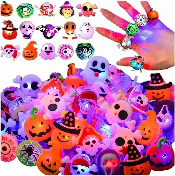 【HalloweenDay】50pcs 3D Halloween Treats Toys Bulk Light Up Rings Gifts Halloween Party Favors for Kids Flashing LED Glow In The Dark Party Supplies Goodie Bag Fillers Stuffers Non Candy Treats Prizes Decorations