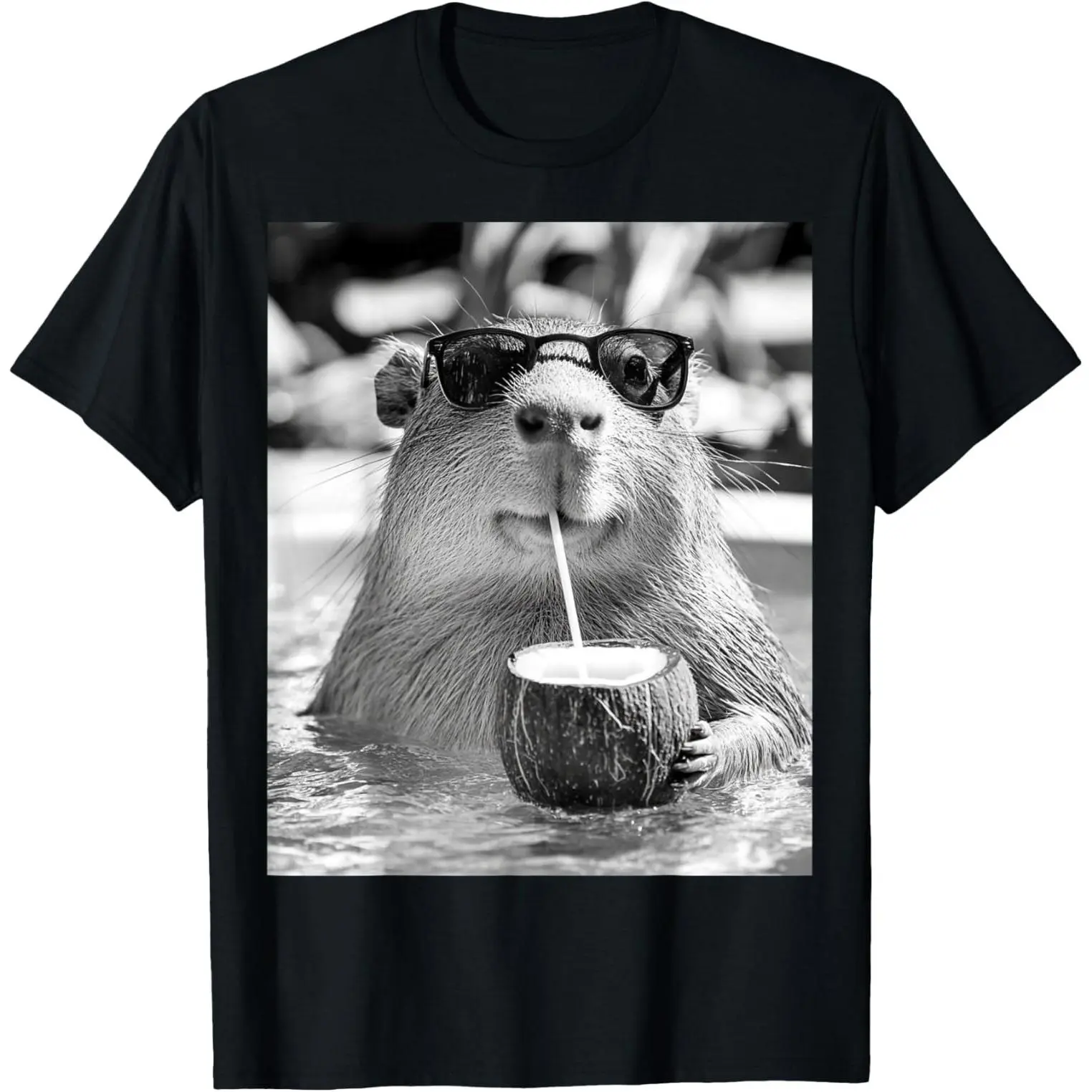 Men's Cotton Round Neck Shortsleeve Casual Tshirt - Breathable Menswear, Funny Cool Capybara Selfie Design Unisex Top