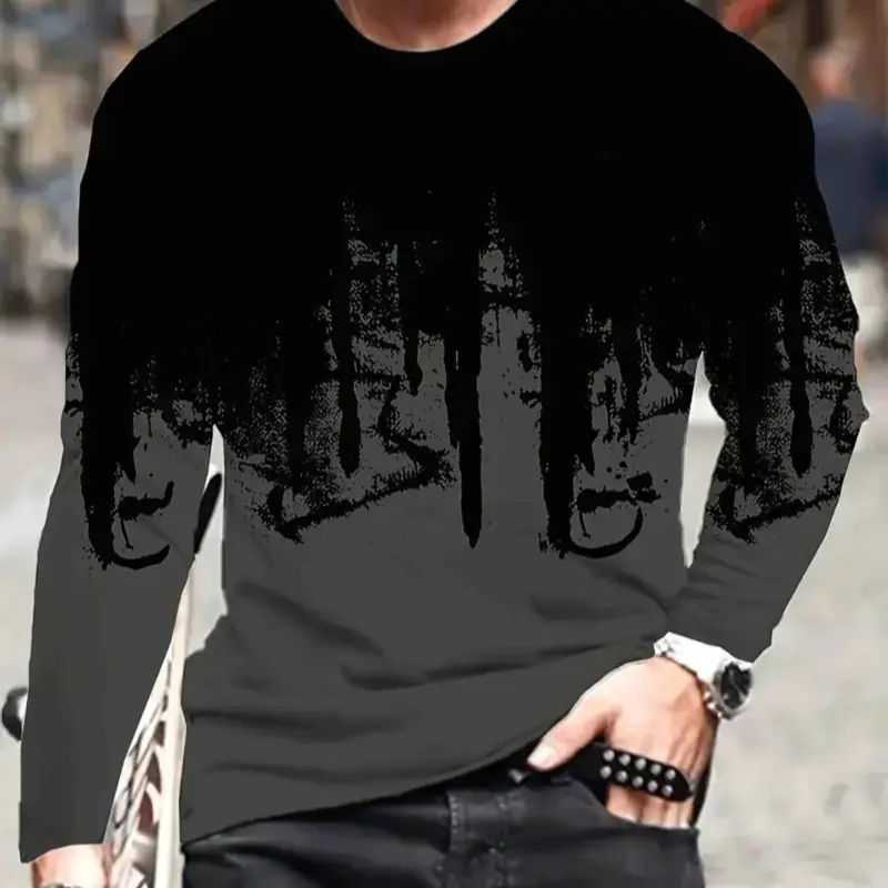 Men's Vintage 3D Print Long Sleeve Fitted Knit T-Shirt, Casual Round Neck Top, Fall & Winter Fashion, Street Style, Knitwear, Menswear, Streetwear, Crewneck, Stylish Crewneck Top, Casual Knit Tops, Knitted Clothes